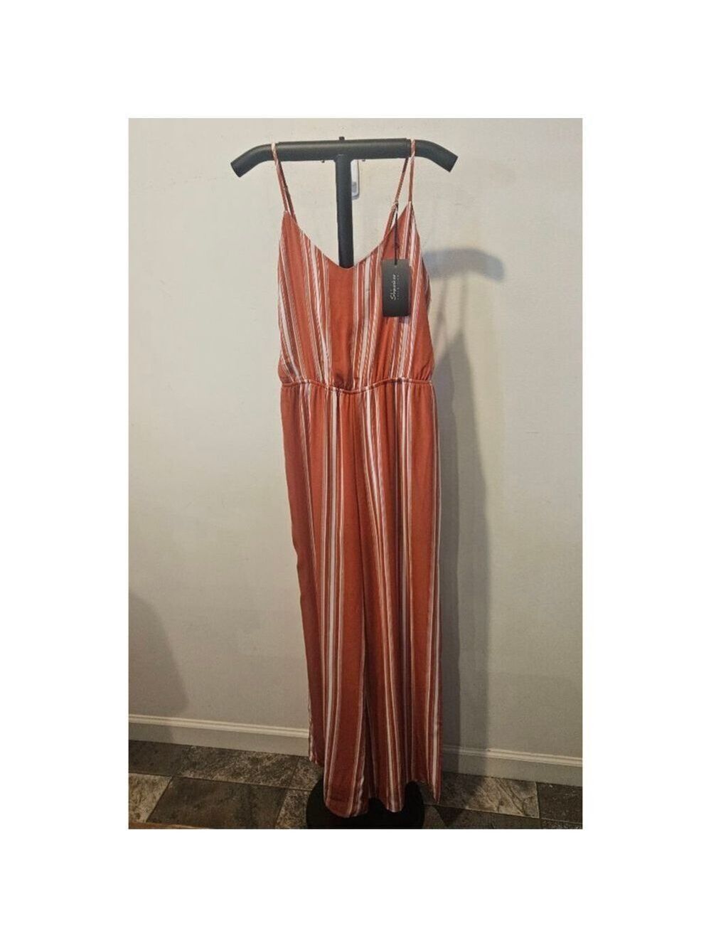 Women's Shinestar NWT Rust & White Sleeveless Striped Jumpsuit L